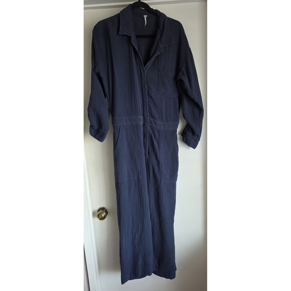 YFB Jumpsuit Women L Navy Blue Cotton Collared Long Sleeve Romper Overalls